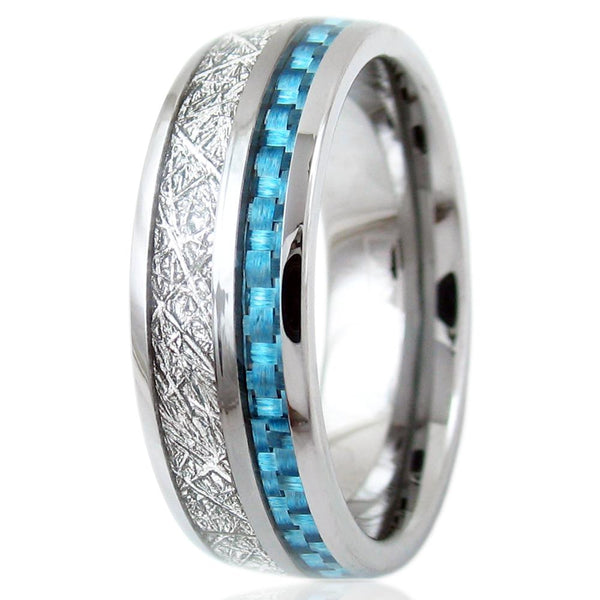 Amazing Silver Tungsten Dome Ring w/ Faux Meteorite and Sky Blue Carbon Fiber Inlays. Available in 6mm & 8mm.