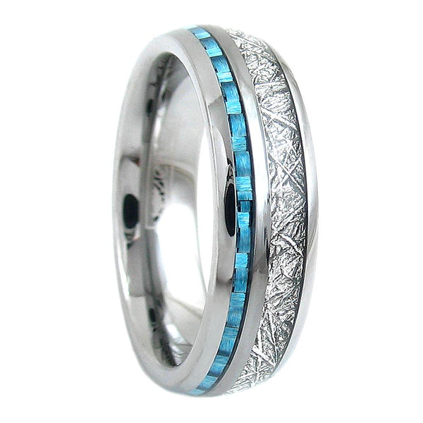 Amazing Silver Tungsten Dome Ring w/ Faux Meteorite and Sky Blue Carbon Fiber Inlays. Available in 6mm & 8mm.