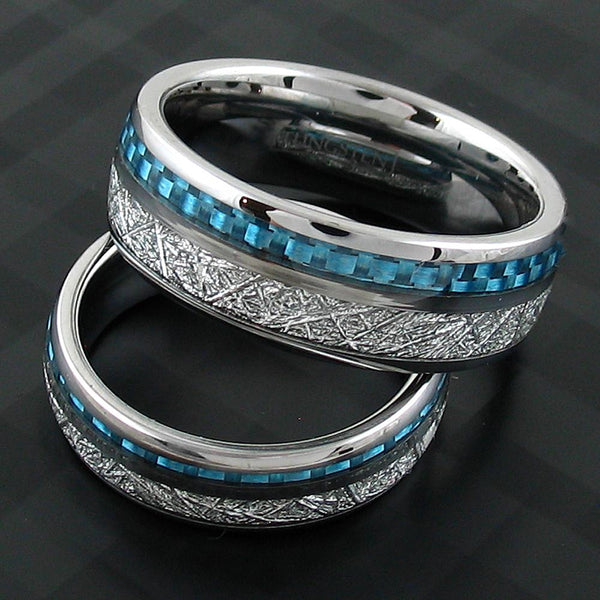 Amazing Silver Tungsten Dome Ring w/ Faux Meteorite and Sky Blue Carbon Fiber Inlays. Available in 6mm & 8mm.