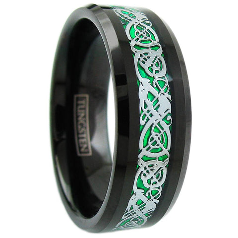 Polished Black Tungsten Ring with Silver Celtic Dragon on Kelly Green Faux Carbon Fiber Inlay.