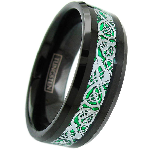 Polished Black Tungsten Ring with Silver Celtic Dragon on Kelly Green Faux Carbon Fiber Inlay.