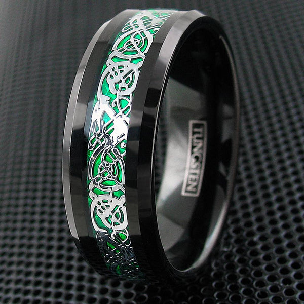Polished Black Tungsten Ring with Silver Celtic Dragon on Kelly Green Faux Carbon Fiber Inlay.