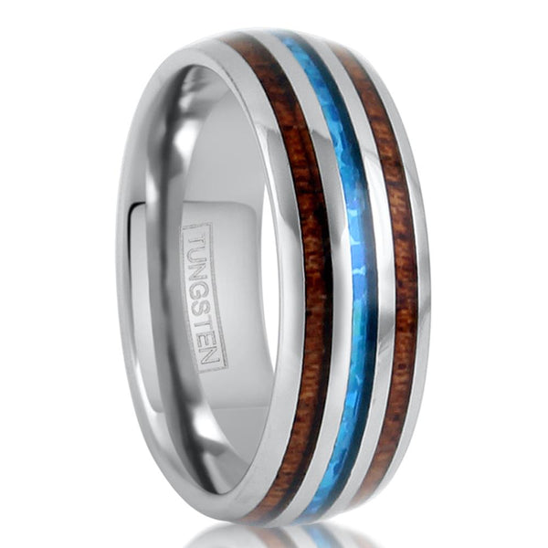Elegant Mirror Polished Tungsten Dome Ring w/ Lovely Man-made Opal Inlay Between 2 Koa Wood Inlays.