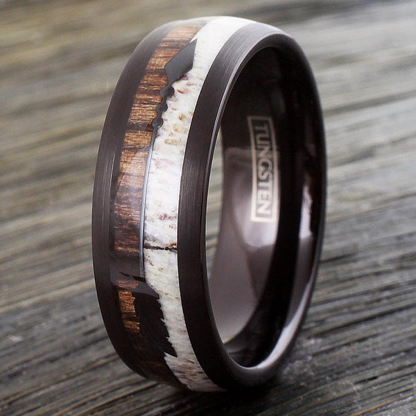 Magnificent 8mm Black Tungsten Dome Ring w/ Deer Antler & Koa Wood Inlays with Black Feathered Arrow.