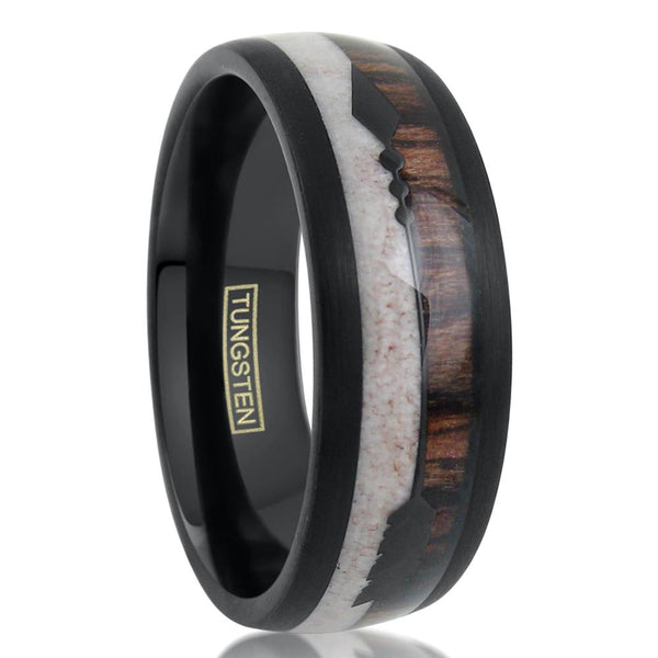 Magnificent 8mm Black Tungsten Dome Ring w/ Deer Antler & Koa Wood Inlays with Black Feathered Arrow.