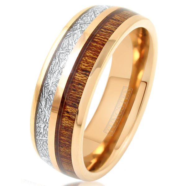 Exquisite Rose Gold Tungsten Dome Ring w/ Awesome Faux Meteorite and Classy Koa Wood Inlays. Available in 6mm & 8mm widths.