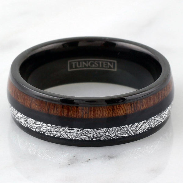 Elegant 8mm Black Tungsten Dome Ring w/ Dazzling Faux Meteorite and Beautiful Koa Wood Inlays.
