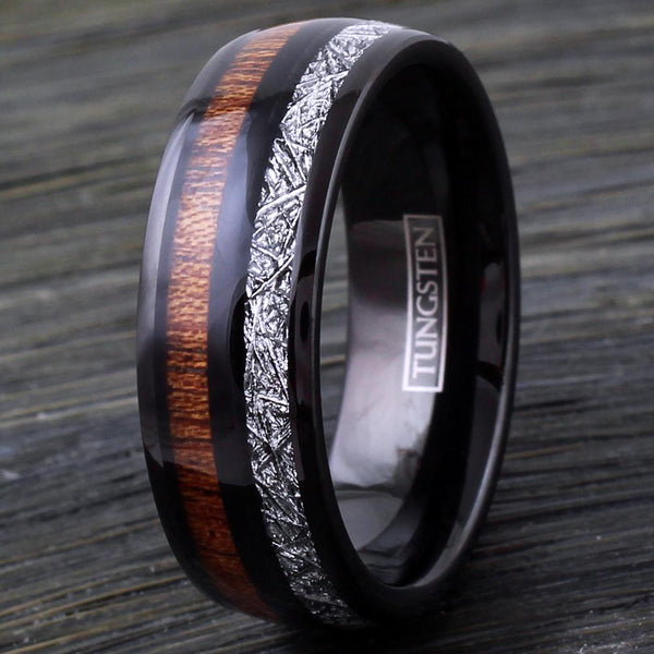 Elegant 8mm Black Tungsten Dome Ring w/ Dazzling Faux Meteorite and Beautiful Koa Wood Inlays.