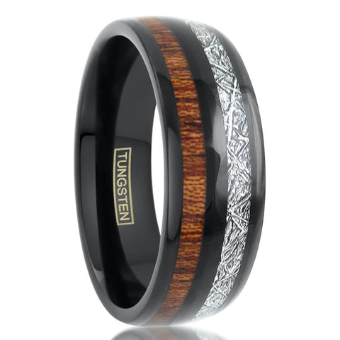 Elegant 8mm Black Tungsten Dome Ring w/ Dazzling Faux Meteorite and Beautiful Koa Wood Inlays.