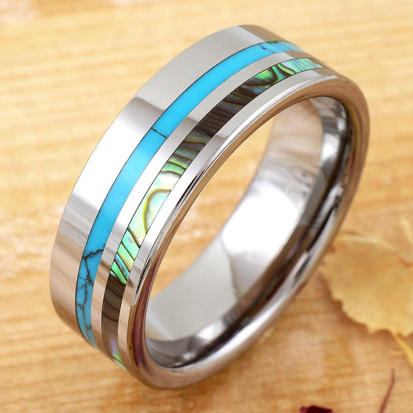 Dazzling 8mm Silver Tungsten Flat Band Ring w/ Beautiful Blue Turquoise and Awesome Abalone Shell Inlays.