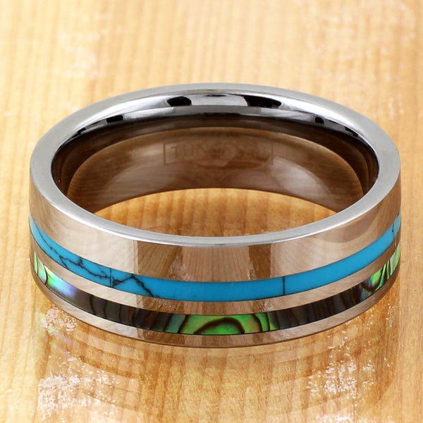 Dazzling 8mm Silver Tungsten Flat Band Ring w/ Beautiful Blue Turquoise and Awesome Abalone Shell Inlays.