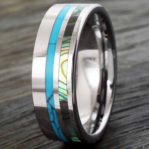 Dazzling 8mm Silver Tungsten Flat Band Ring w/ Beautiful Blue Turquoise and Awesome Abalone Shell Inlays.