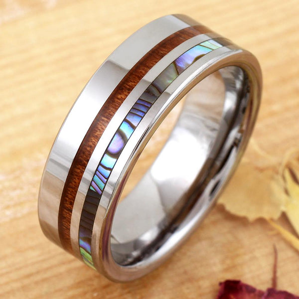 Marvelous 8mm Silver Tungsten Flat Band Ring w/ Cool Koa Wood and Awesome Abalone Shell Inlays.