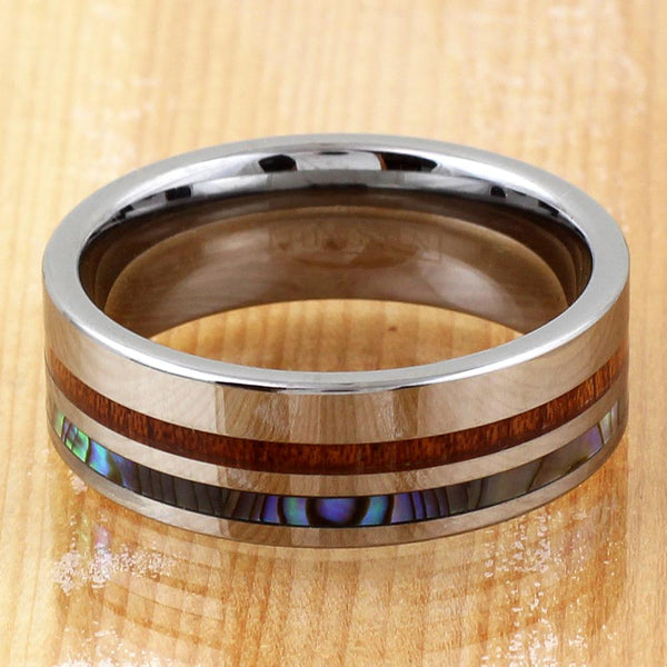 Marvelous 8mm Silver Tungsten Flat Band Ring w/ Cool Koa Wood and Awesome Abalone Shell Inlays.