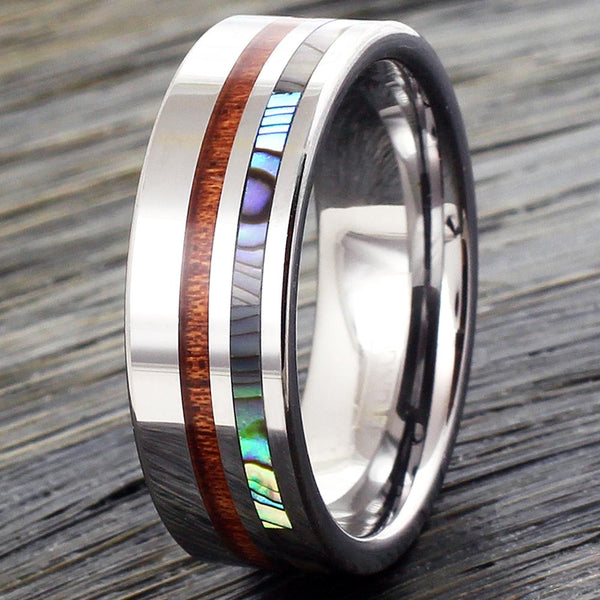 Marvelous 8mm Silver Tungsten Flat Band Ring w/ Cool Koa Wood and Awesome Abalone Shell Inlays.