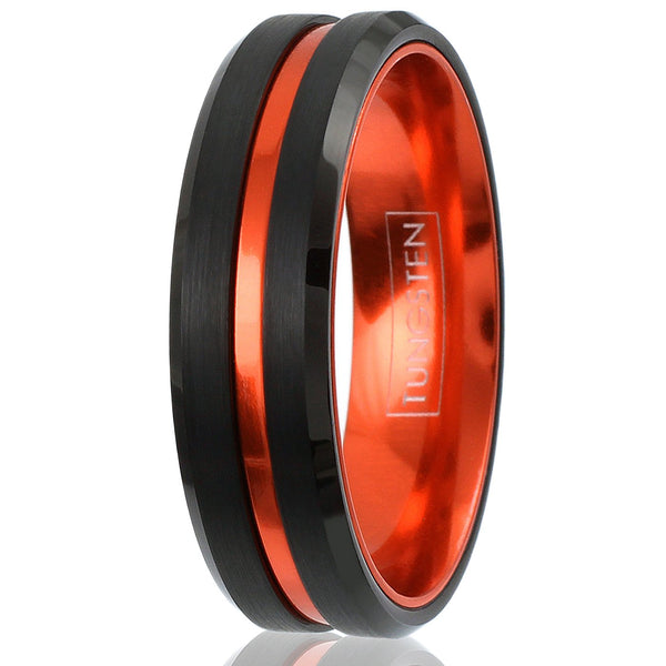 Awesome Black Tungsten Ring with Anodized Aluminum Metallic Persimmon Orange Inner Band and Recessed Stripe, with Beveled Edges.