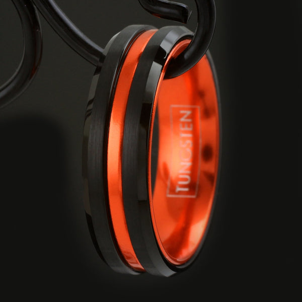 Awesome Black Tungsten Ring with Anodized Aluminum Metallic Persimmon Orange Inner Band and Recessed Stripe, with Beveled Edges.