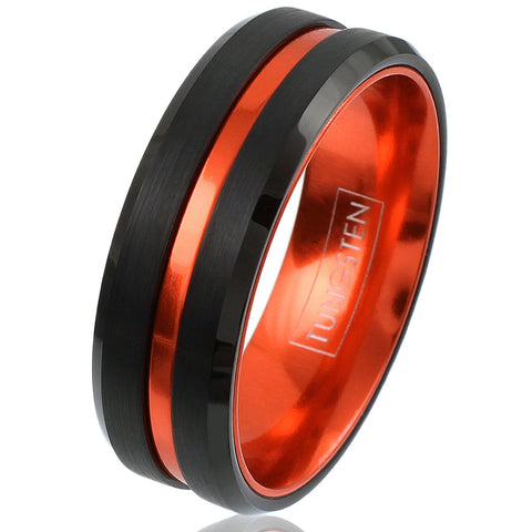 Awesome Black Tungsten Ring with Anodized Aluminum Metallic Persimmon Orange Inner Band and Recessed Stripe, with Beveled Edges.