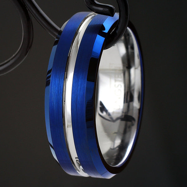 Brilliant Two-Tone Royal Blue Tungsten Ring with Silver Recessed Stripe, and Silver Inner Comfort Fit Band. For men and women.