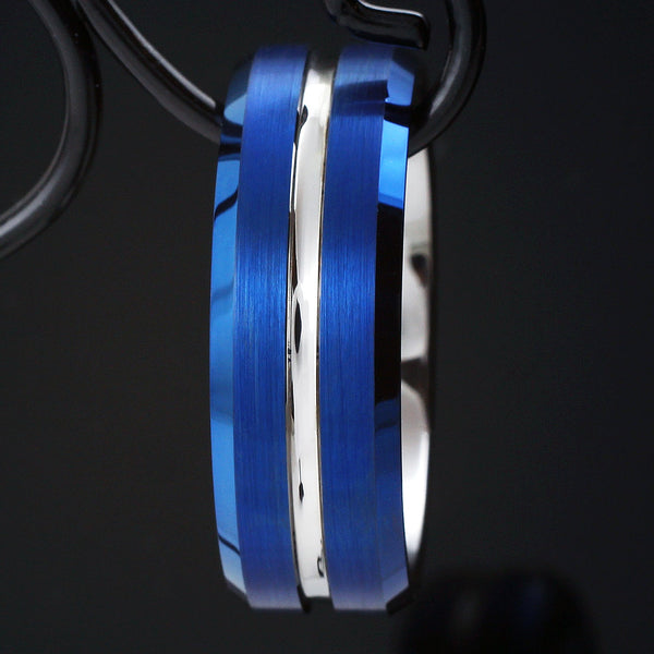 Brilliant Two-Tone Royal Blue Tungsten Ring with Silver Recessed Stripe, and Silver Inner Comfort Fit Band. For men and women.
