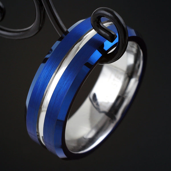 Brilliant Two-Tone Royal Blue Tungsten Ring with Silver Recessed Stripe, and Silver Inner Comfort Fit Band. For men and women.