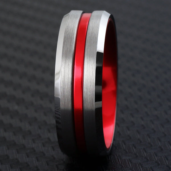 Cool Brushed Finish Silver Tungsten Ring with Anodized Aluminum Soft Red Inner Band and Recessed Stripe, with Beveled Edges.