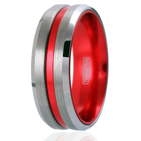 Cool Brushed Finish Silver Tungsten Ring with Anodized Aluminum Soft Red Inner Band and Recessed Stripe, with Beveled Edges.