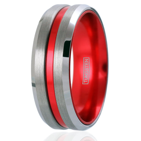 Cool Brushed Finish Silver Tungsten Ring with Anodized Aluminum Soft Red Inner Band and Recessed Stripe, with Beveled Edges.