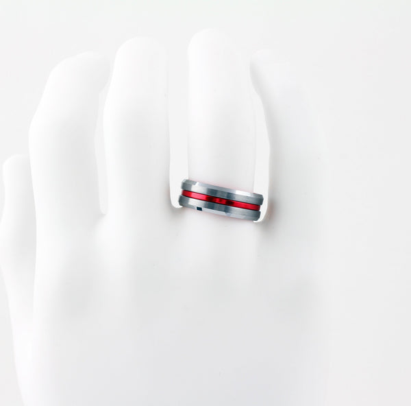 Cool Brushed Finish Silver Tungsten Ring with Anodized Aluminum Soft Red Inner Band and Recessed Stripe, with Beveled Edges.
