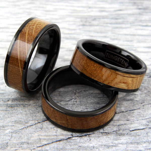 black tungsten ring w/ whiskey barrel oak wood inlay outer band | Wholesale tungsten rings - wedding bands | triple photo