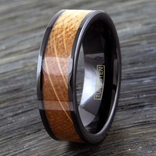 black tungsten ring w/ whiskey barrel oak wood inlay outer band | Wholesale tungsten rings - wedding bands | wood photo