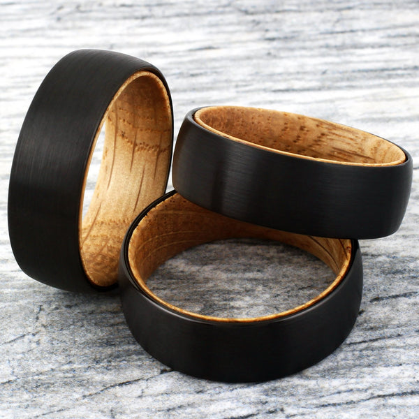 Gorgeous Satin Finish Black Tungsten Low Dome Ring with Classy Whiskey Barrel Oak Wood Inner Band.