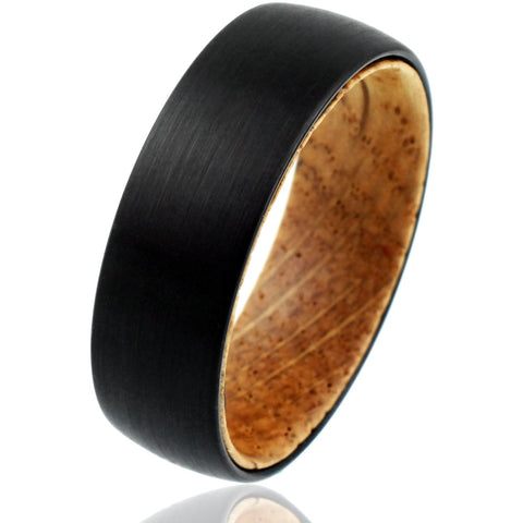 Gorgeous Satin Finish Black Tungsten Low Dome Ring with Classy Whiskey Barrel Oak Wood Inner Band.