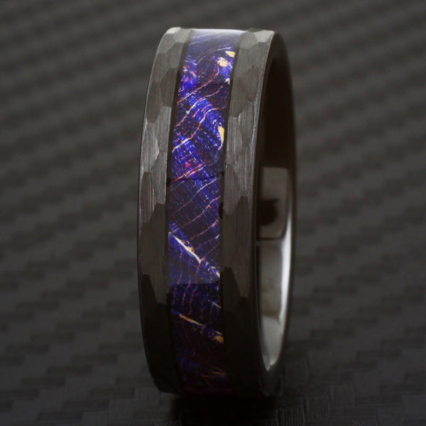 Stunning Hexagon Brushed Finish Flat Band Black Tungsten Ring w/ Purple-Blue-Red Box Elder Wood Inlay.
