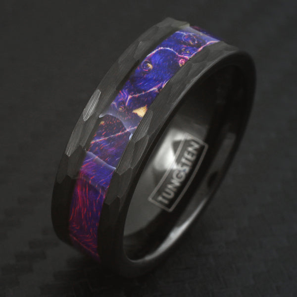 Stunning Hexagon Brushed Finish Flat Band Black Tungsten Ring w/ Purple-Blue-Red Box Elder Wood Inlay.