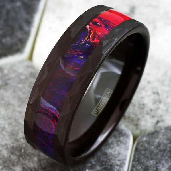 Stunning Hexagon Brushed Finish Flat Band Black Tungsten Ring w/ Purple-Blue-Red Box Elder Wood Inlay.