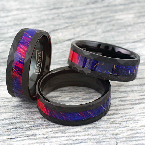 Stunning Hexagon Brushed Finish Flat Band Black Tungsten Ring w/ Purple-Blue-Red Box Elder Wood Inlay.