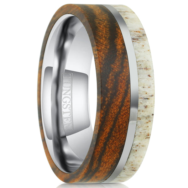 Magnificent Modern Flat Band Silver Tungsten Ring w/ Deer Antler and Tiger Stripe Bocote Wood Overlays & Off-Center Silver Stripe.