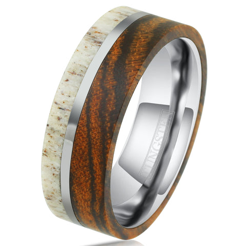 Magnificent Modern Flat Band Silver Tungsten Ring w/ Deer Antler and Tiger Stripe Bocote Wood Overlays & Off-Center Silver Stripe.
