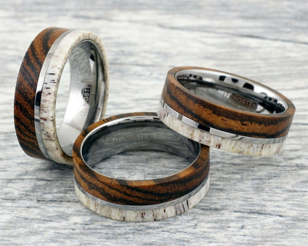 Magnificent Modern Flat Band Silver Tungsten Ring w/ Deer Antler and Tiger Stripe Bocote Wood Overlays & Off-Center Silver Stripe.