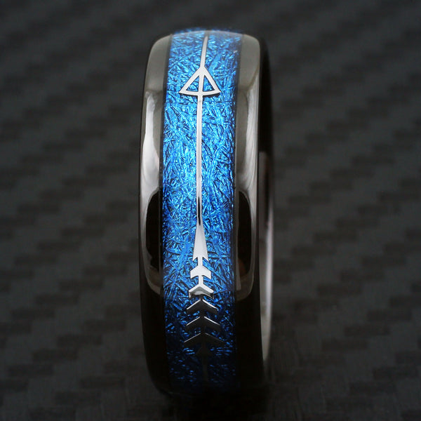 Awesome Polished Black Tungsten Low Dome Ring w/ Dazzling Sapphire Blue Faux Meteorite and Silver Feathered Arrow Inlays.