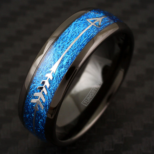 Awesome Polished Black Tungsten Low Dome Ring w/ Dazzling Sapphire Blue Faux Meteorite and Silver Feathered Arrow Inlays.