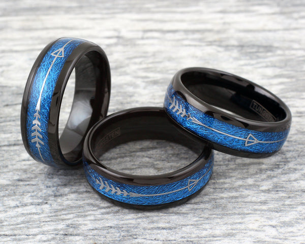 Awesome Polished Black Tungsten Low Dome Ring w/ Dazzling Sapphire Blue Faux Meteorite and Silver Feathered Arrow Inlays.