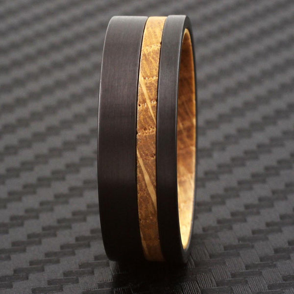 Beautiful Satin Finish Black Tungsten Flat Band Ring with Awesome Whiskey Barrel Oak Wood Off-Center Stripe and Matching Inner Band.