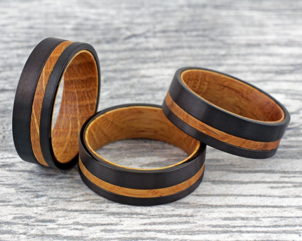 Beautiful Satin Finish Black Tungsten Flat Band Ring with Awesome Whiskey Barrel Oak Wood Off-Center Stripe and Matching Inner Band.