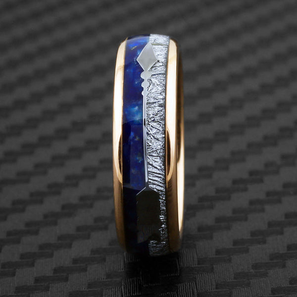 Dazzling Rose Gold Tungsten Low Dome Ring w/ Speckled Blue Lapis Lazuli, Faux Meteorite, and Silver Feathered Arrow Inlays.