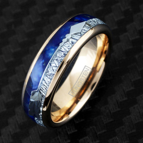 Dazzling Rose Gold Tungsten Low Dome Ring w/ Speckled Blue Lapis Lazuli, Faux Meteorite, and Silver Feathered Arrow Inlays.