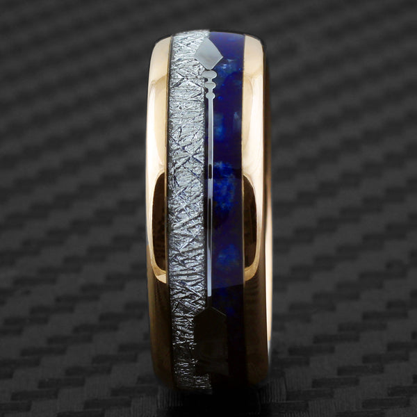 Dazzling Rose Gold Tungsten Low Dome Ring w/ Speckled Blue Lapis Lazuli, Faux Meteorite, and Silver Feathered Arrow Inlays.