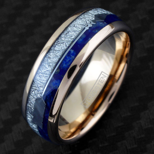 Dazzling Rose Gold Tungsten Low Dome Ring w/ Speckled Blue Lapis Lazuli, Faux Meteorite, and Silver Feathered Arrow Inlays.