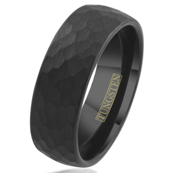 Black Brushed Hammered Finish 8mm Low Dome Tungsten Carbide Band Ring.